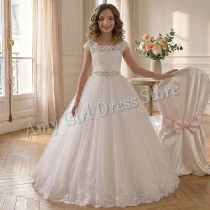 Simple Lace Tulle Flower Girl Dress For Wedding Backless Floor Length Crystal Princess First Communion Birthday Gown Customized