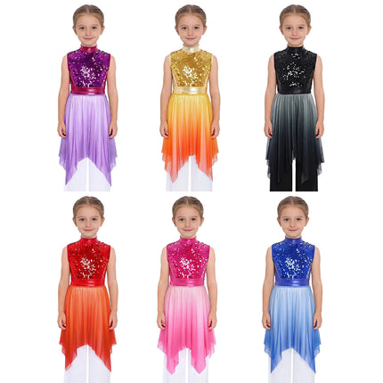 Kids Girls Liturgical Worship Praise Ballet Lyrical Dance Tunic Dresses with Sequins for Church Performance and Celebration