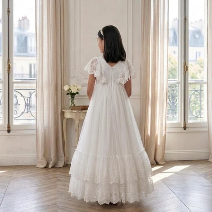 White Lace First Communion Dress Tiered Ruffle Hem Floor Length Tulle Flower Girl Dress Kids Church Baptism Wedding Birthday