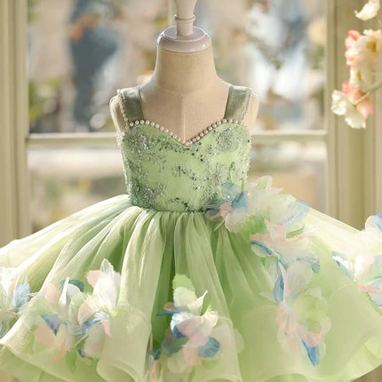 Luxurious and Elegant Girls Summer Dress Green Flower Girl Wedding Dress Children's Birthday Piano Performance Tail Princess Dre
