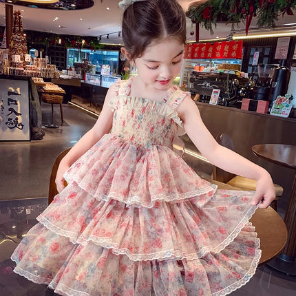 Summer Kids Girl Multi-Layered Ruffle Dress with Butterfly for Baby Princess Tiered Cake Dresses Child Cute Wedding Party Outfit