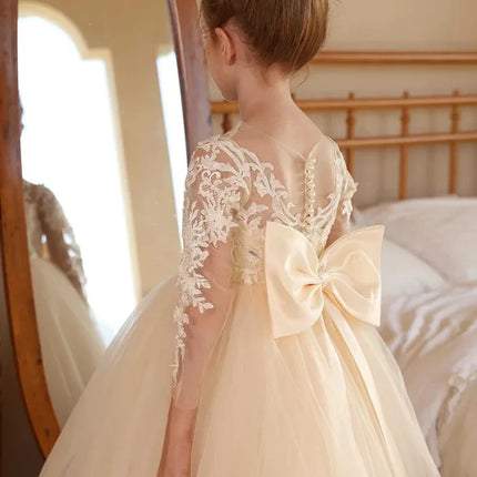 Elegant Wedding Flower Girl Dress, Long Sleeve Lace Tulle Tutu Dress, Formal Children's Wedding Party Dress, Communion Ceremony