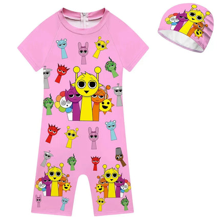 Summer Sprunki Plush Swimwear Kids Costume Toddler Baby One-piece Swimming Cap Bathing Suit Boys Girls Sprunki Print Beachwear