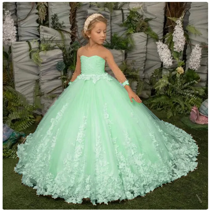 Elegance Flower Girl Dress Three Quartersleeve Appliqué Children Wedding Party Gowns New Kids Clothes Princess First Communion