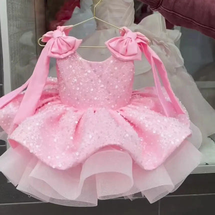KLFLDG Light luxury baby girl beauty pageant dress with sequins, big bow, birthday party dress, 2-8 year old flower girl wedding