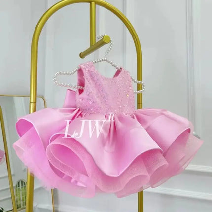 V-Neck Pink Glitter Flower Girl Wedding Dress Baby First Christmas Dress Elegant Birthday Party Girls Dress Ballet Girls Costume