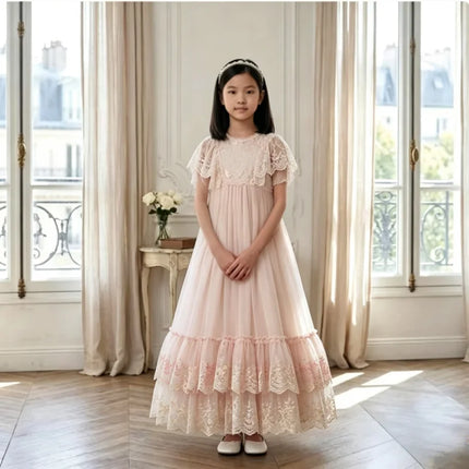 White Lace First Communion Dress Tiered Ruffle Hem Floor Length Tulle Flower Girl Dress Kids Church Baptism Wedding Birthday