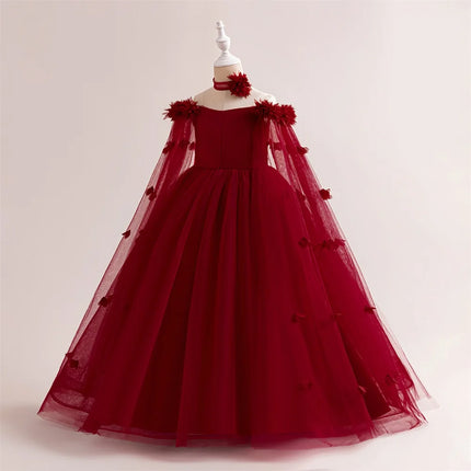 Elegant Girls Flower Long Party Dress Kids Fluffy Wedding Bridesmaid Prom Gown Girl 2pcs Tutu Birthday Clothes Fashion Costumes