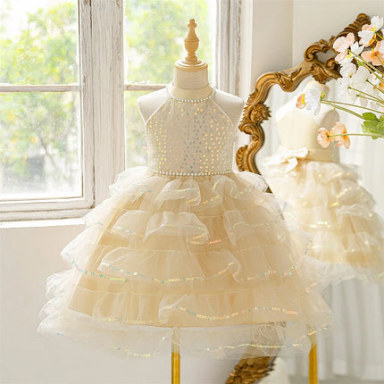Girl Sequins Ball Gown Mesh Layered Dress Elegant Princess Wedding Childrens Birthday Party Piano Fashion Performance Costume