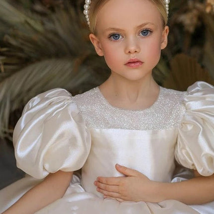 Princess Dress High End Girl Dress White Satin Flower Girl Host Wedding Dress Birthday Little Girl Evening Clothes