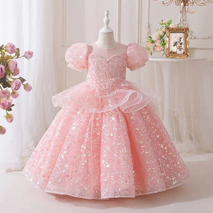 New High-End Luxury Flower Girl Wedding Show Performance Dress for Girls, Puff Sleeve Sequin Princess Dress