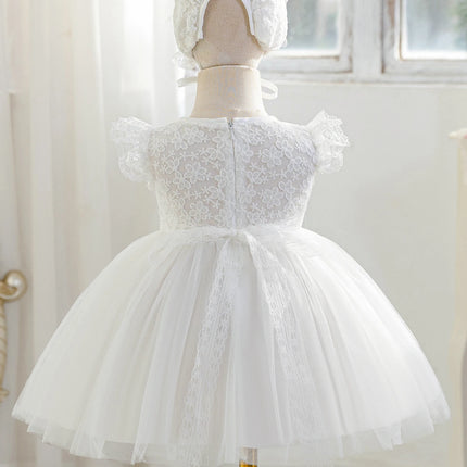 Baby Girl, 0-2 Years Old, White Dress with Lace Trim and Floral Embroidery, Fluffy Net Fabric, for Baptism, with a Hat