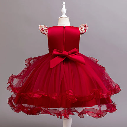 Girls' Embroidered Wedding Dress, Princess Stage Performance Gown with Sequin Bow, Short Sleeve, Regular Fit, All-Season, Party