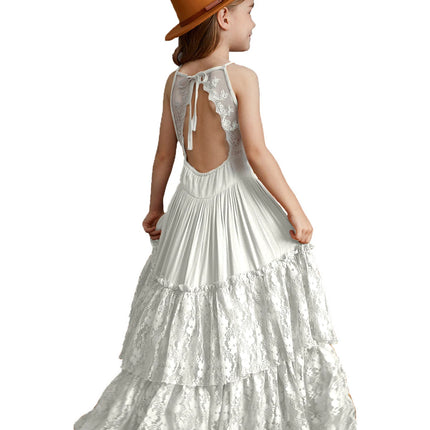 Big Girls Flower Wedding Party Backless Chiffon Dress Princess Kids Bohemia Lace Long Dresses Vestidos Clothing For 3-15 Years