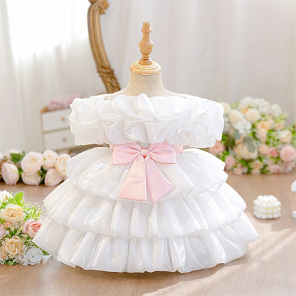  Baby Girls Bow Layered Ball Gown Cute Clothes Infant Birthday Dress Wedding Toddler Princess Party Baptism Frock