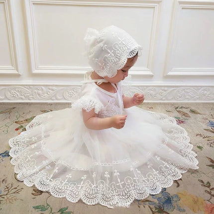 Newborn Baby Girls Baptism Dress White Lace Princess Infant Dress With Hat Kids First Birthday Ball Gown For 3-24 Month
