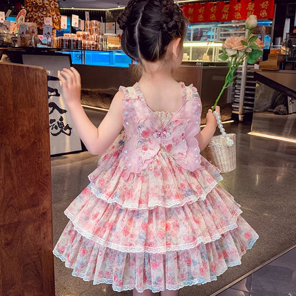 Summer Kids Girl Multi-Layered Ruffle Dress with Butterfly for Baby Princess Tiered Cake Dresses Child Cute Wedding Party Outfit