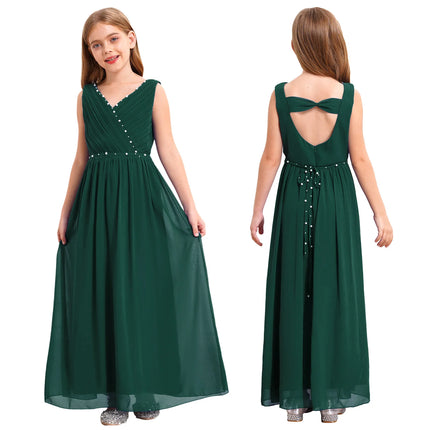 Kids Girls Wedding Bridesmaid Dress Spaghetti Strap Elegant Chiffon Maxi Party Dresses with Faux Pearls Belt for Banquet Pageant
