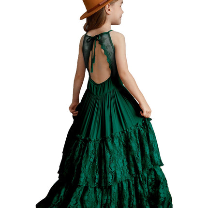 Big Girls Flower Wedding Party Backless Chiffon Dress Princess Kids Bohemia Lace Long Dresses Vestidos Clothing For 3-15 Years