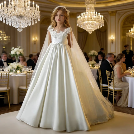 Children's White Satin Cape Princess Dress, Girl's Lace Dress, Wedding Flower Girl, Birthday Party and Grand Ceremony Catwalk