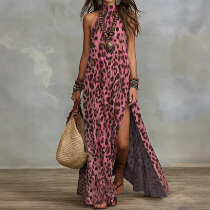 Women's Printed Scarf-Style Maxi Dress – Sleeveless, Split, Loose Boho