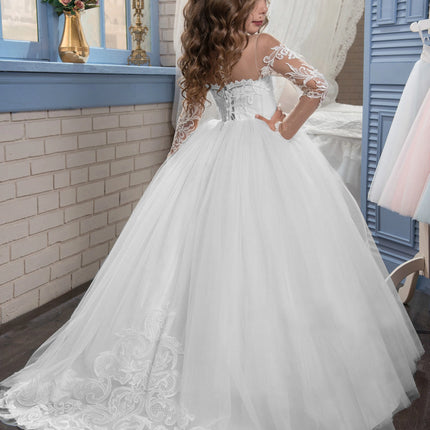 Girls White Lace Long Sleeve Flower Girl Dress with Train Kids Luxury Tulle Ball Gown for Wedding Birthday Pageant