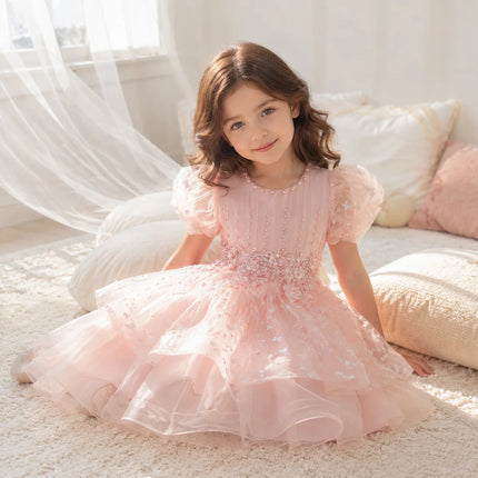 Children's Puff Sleeve Princess Dress Export Flower Girl Printed Short Dress Wedding Dress Girls High-End Tutu Skirt Europe