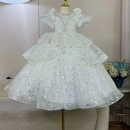 2025 Baby Girl Princess Dress Sequin Party Dresses for Children Puff Sleeves Clothing Classy Flower Weddings Girls Costumes