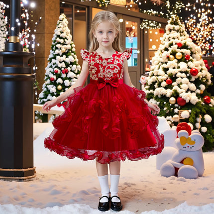 Girls' Embroidered Wedding Dress, Princess Stage Performance Gown with Sequin Bow, Short Sleeve, Regular Fit, All-Season, Party