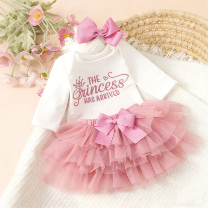 Ylsteed Summer Newborn Photography Outfit Sets Infant Baby Girls Letter Print Romper Pink Tulle Skirt Headband Photo Props-HD