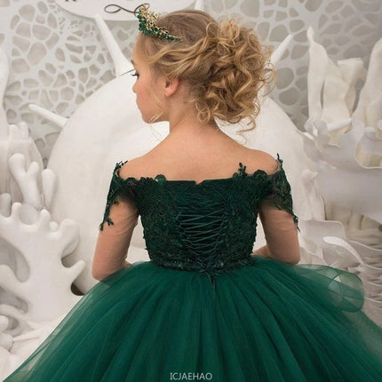 Party Dress New Lace Court Princess Costume Kids LongPerformance Ball Gown with Train Dresses Sleeve Flower Girl Wedding Gown