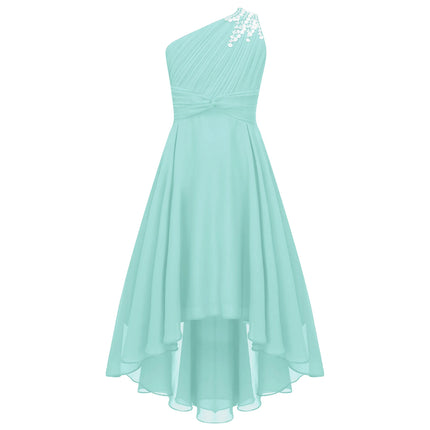 Girls Wedding Bridesmaid Dress Summer Elegant Chiffon One Shoulder Sleeveless Long Dress for Birthday Party Evening Prom Gown