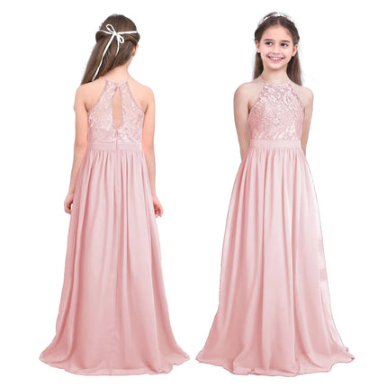 Kids Girls Wedding Bridesmaid Dress Spaghetti Strap Elegant Chiffon Maxi Party Dresses with Faux Pearls Belt for Banquet Pageant