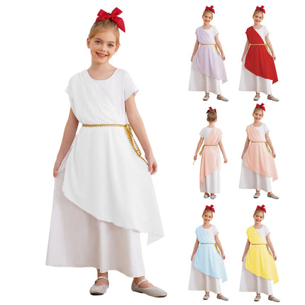 Kids Girls Ancient Greek Toga Costume Halloween Party Roman Goddesses Princess Cosplay Fancy Dress Tulle Church Robe with Belt