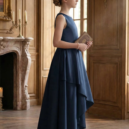 Teen Girl Wedding Party Dress Long Evening Gown Dark Blue High-Class Satin with Irregular Skirt Flare,Formal Occasions,Banquets