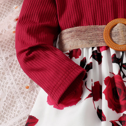 1-7 Years Children Girls New Year Dress Red Long Sleeved Flower Skirt for Birthday Wedding Party Wear Fashion Autumn Outfits