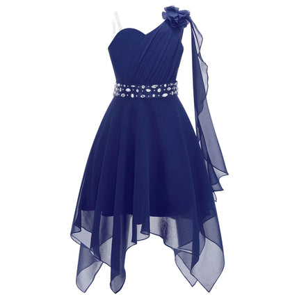 Girls Wedding Bridesmaid Dress Summer Elegant Chiffon One Shoulder Sleeveless Long Dress for Birthday Party Evening Prom Gown