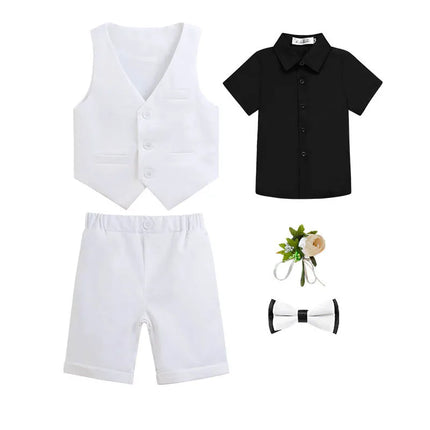 Kids Vest Shirt Shorts Bowtie Ceremony Costume Boys Silm Fit Wedding Dress Children Summer Green Breathable Photography Suit