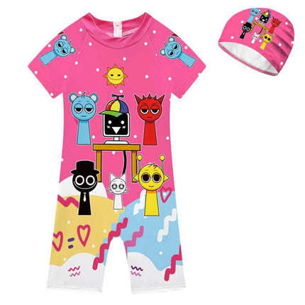Summer Sprunki Plush Swimwear Kids Costume Toddler Baby One-piece Swimming Cap Bathing Suit Boys Girls Sprunki Print Beachwear