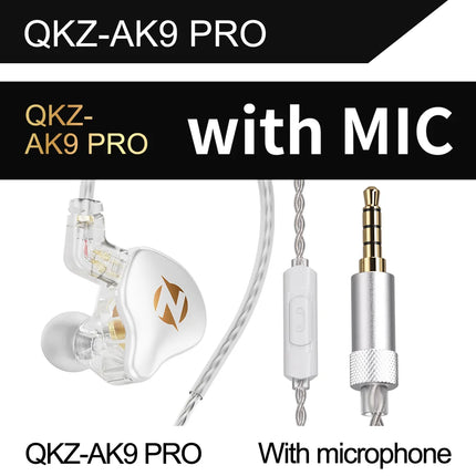 The QKZ AK9 Pro wired earphones are dynamic in-ear monitor earphones with a detachable 2-pin cable and HiFi stereo bass.