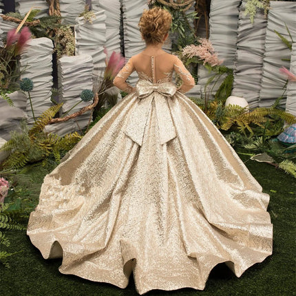 Gold Big Bow Flower Girl Dresses  Appliques Full Illusion Sleeves Birthday Wedding Holiday Bridesmaid Dress Customized Clothing