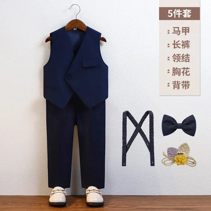 Gentleman Kids Summer Breathable Wedding Dress School Boys Vest Shirt Pants Bowtie Photography Suit Children Birthday Costume