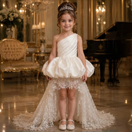 Satin Lace Flower Girl Train Dress OneShoulder Ruched Bubble Puff Skirt Kids Luxury Modest Church Communion Formal Princess Gown