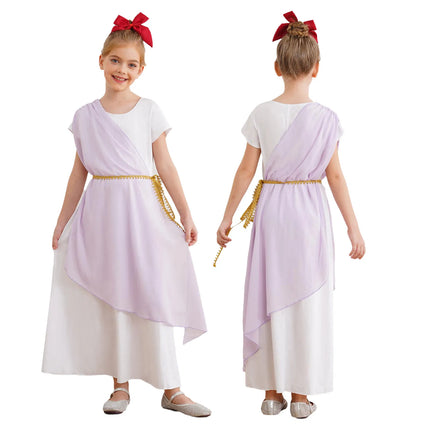 Kids Girls Ancient Greek Toga Costume Halloween Party Roman Goddesses Princess Cosplay Fancy Dress Tulle Church Robe with Belt