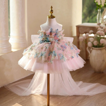 Flower Sleeveless Little Baby Girl Long Tail Princess Dress Host's Piano Performance Wedding Birthday Girls Party Dresses childr