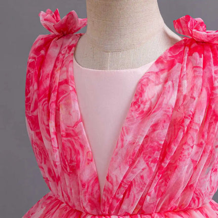 HETISO Princess Rose Floral Chiffon Dress for Girls Lace Tutu Summer Kids Clothing for Wedding Birthday Party New Year