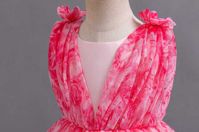 HETISO Princess Rose Floral Chiffon Dress for Girls Lace Tutu Summer Kids Clothing for Wedding Birthday Party New Year