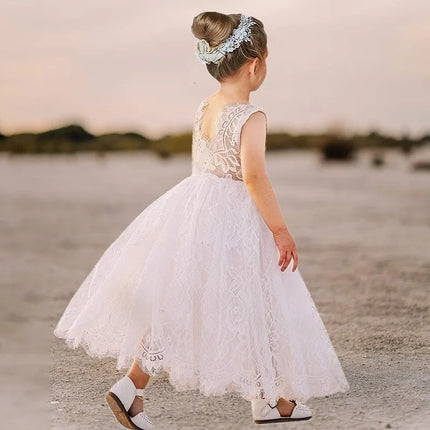 White Lace Flower Girl Dress with Big Bow Elegant Sleeveless A-Line Ball Gowns Formal Communion Wedding Party Dresses