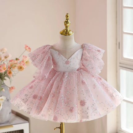 Children Light Luxury Pink Host Performance Princess Ball Gown Girls Cute Birthday Wedding Party Dress g340