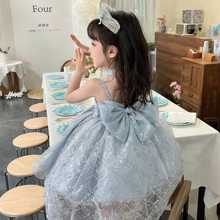 Summer Girls Korea Birthday Lace Blue Cute Shiny Wedding Ball Gown Bow Party Dress Princess Floral Baby Children Lolita Skirts